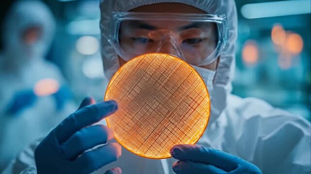 Engineer in cleanroom suit inspecting glowing silicon wafer in semiconductor manufacturing facility