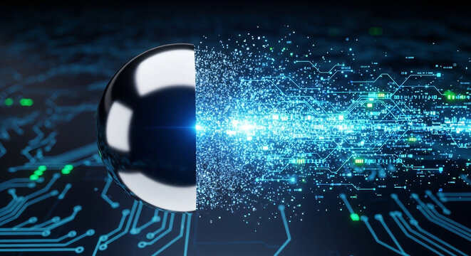 Abstract digital transformation concept: sphere dissolving into binary code and circuits with artificial intelligence, abstract background