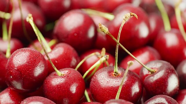 Fresh red cherries close up with water drops rotating on white background.