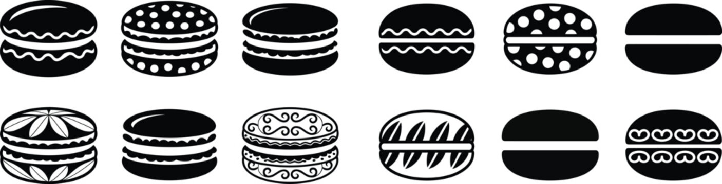 French macaron dessert icons set including various sweet cookie decorations isolated on transparent vector background.