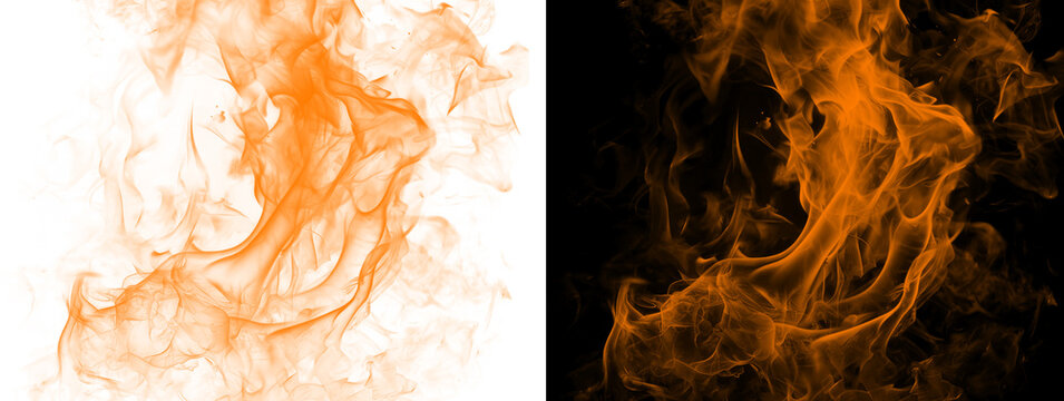 Dynamic Orange Fire Smoke Swirls on White and Black Background