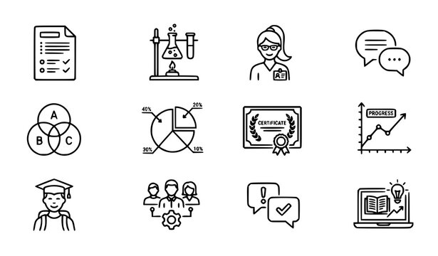 Education and Learning Line Icon Set &ndash; Reports, Charts, Chemistry, and Certificates Vector Collection