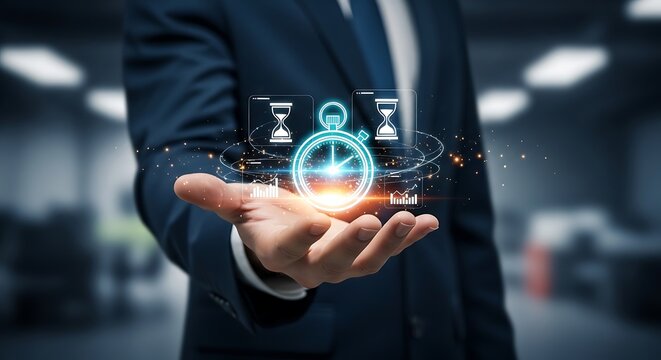 Businessman's hand holds glowing stopwatch and hourglass icons symbolizing time management and efficiency in modern business strategy