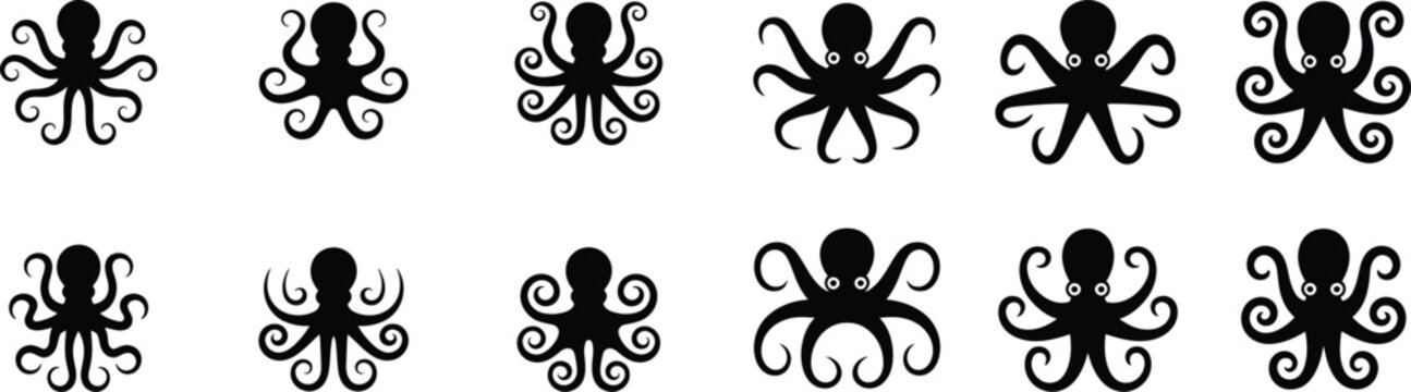 Set of octopus icons in black silhouette style on transparent background for marine biology and ocean life collection.