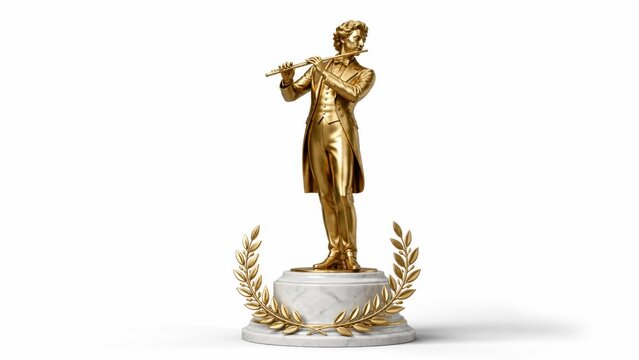 Golden flute player figurine on marble pedestal with laurel wreath for refined museum collectible concept