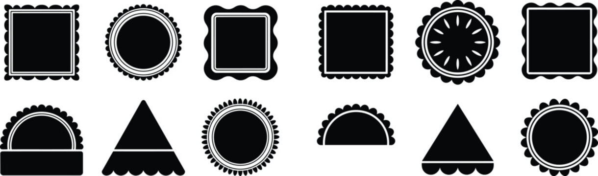 Set of various shaped badge vector black silhouettes. decorative frames and borders with scalloped and smooth edges.
