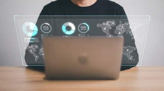 Global Risk Management Concept: Corporate Professional with Holographic Data Dashboard, Pie Charts, Risk Scores, and Minimalist World Maps in Cyan and White Tech-Theme