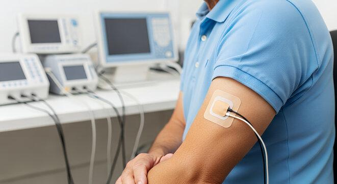 Man in blue polo shirt with electrode patch on arm in medical examination setting