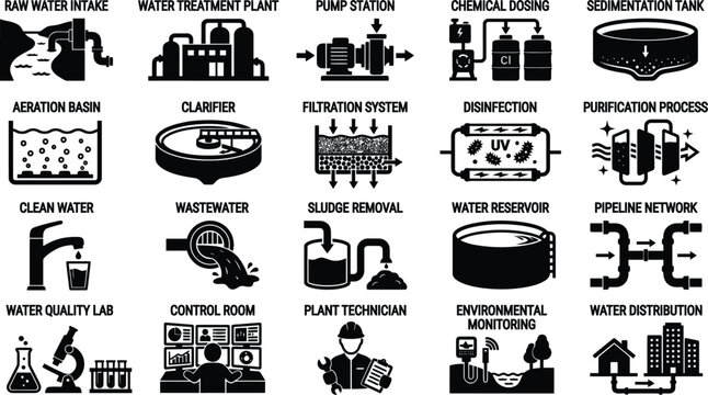 Water treatment plant icons set vector ilustration featuring symbols for purification process filtration system wastewater management and chemical dosing in solid black silhouette style.