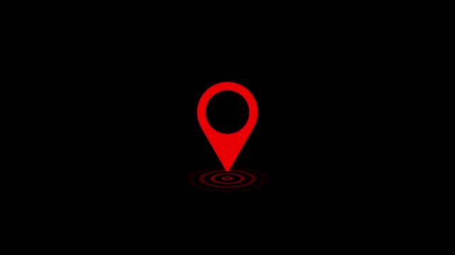 Red Map Location Pin Icon Animation with Pulse Effect on Black Background , with video animation.