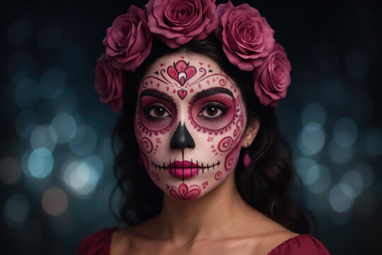 A young Hispanic woman with skull makeup and a floral crown celebrates D&iacute;a de los Muertos. The background features soft bokeh lights, enhancing the festive atmosphere.