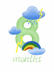 Naklejka premium Baby monthly milestone card eight months with watercolor lightning and rainbow, kids series.