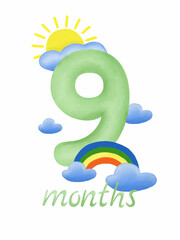 Naklejka premium Baby monthly milestone card nine months with watercolor rainbow and sun, nursery collection.