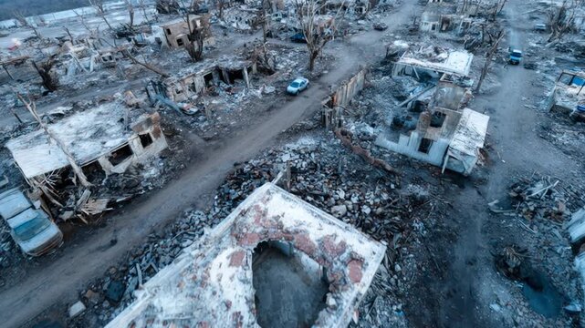 Drone view of bombed houses and ruins in a city destroyed by war and disaster