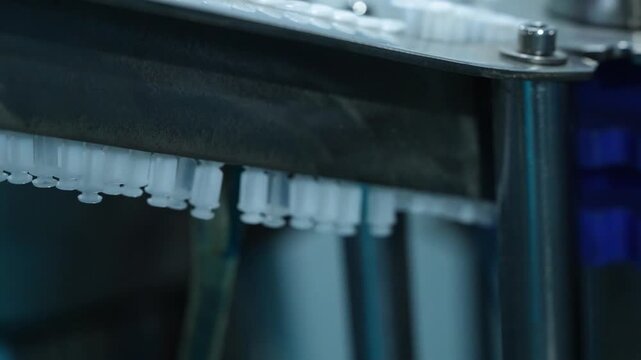 Disposable syringes gradually move along the conveyor line, mass syringe production, medical industry