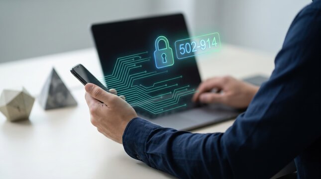 Two-Factor Authentication (2FA) and Cybersecurity Concept: Person with Laptop and Smartphone, Holographic OTP Code, and Secure Lock Interface