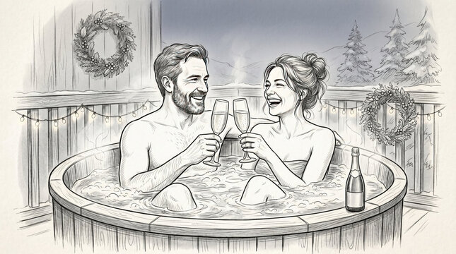 Beautiful woman and man with santa hat relaxing in jacuzzi with champagne concept. Couple enjoying champagne in a hot tub during winter evening.