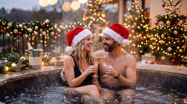 Beautiful woman and man with santa hat relaxing in jacuzzi with champagne concept. Couple enjoying hot tub festivities during the holiday season.