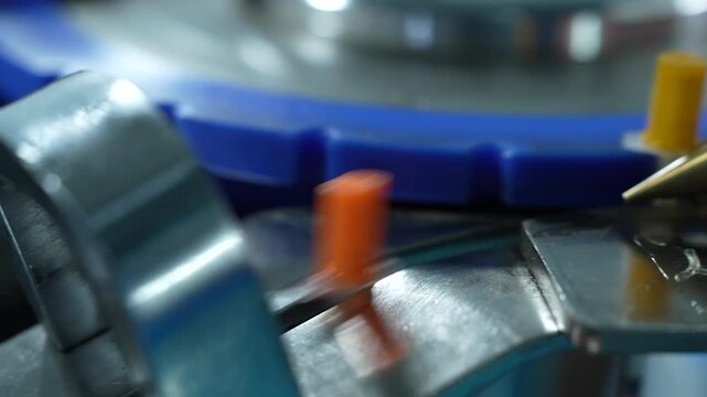 Extreme close-up of disposable syringes sliding down a metal chute, mass production of disposable syringes
