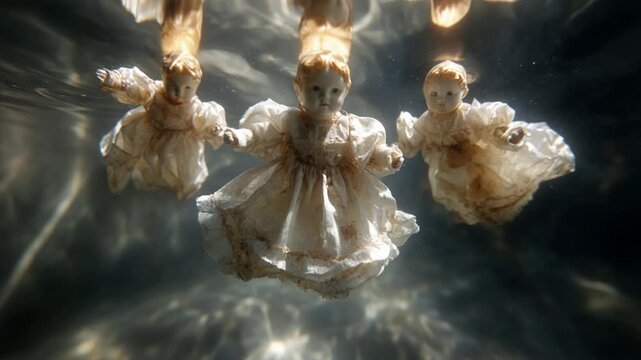 Three scary vintage porcelain dolls in old dresses slowly floating in dark, murky water