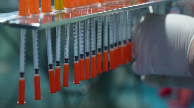 A person wearing gloves is sorting disposable syringes at a factory