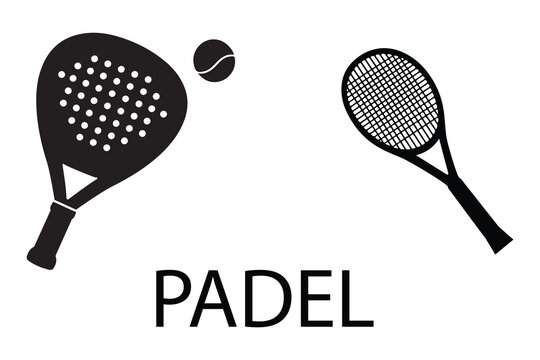  rackets sports equipment for tennis game sport and active lifestyle concept vector illustration Close-up of a paddle racket and ball in black silhouette, emphasizing the details of the sport equipmen