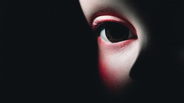 Dramatic close-up of a beautiful female eye with vibrant red eyeshadow opening in the dark