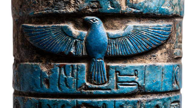 Ancient egyptian djed pillar symbol with blue falcon emblem on weathered stone background
