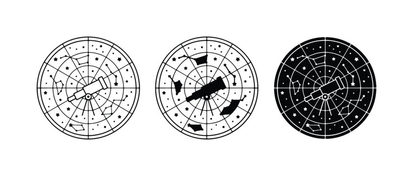 Astrology Zodiac Constellations, Celestial Map Icons, Astronomical Telescope Vector Set