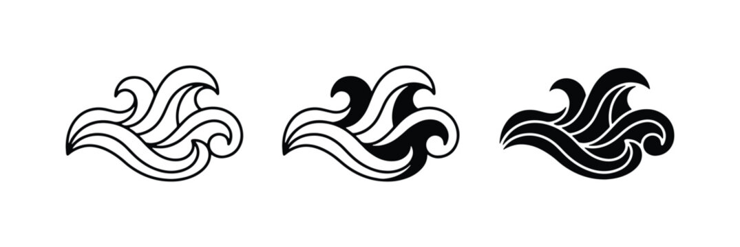 Stylized Wave Icons, Black and White Water Symbols, Ocean Swirl Graphics