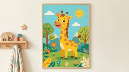 Naklejka premium A giraffe stands smiling in a colorful outdoor scene with trees and flowers under a sunny sky with clouds