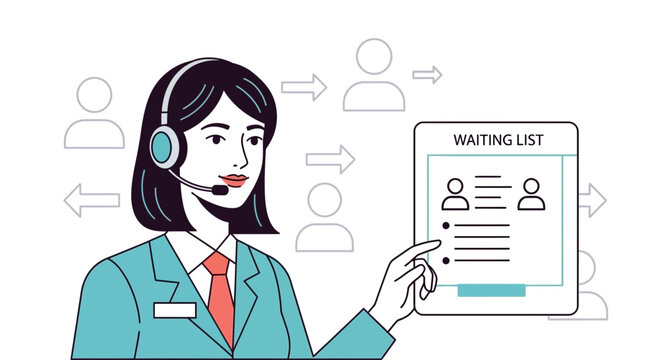 Customer service agent with headset and waiting list tablet, people flow.