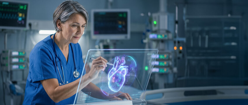 professional cardiologist with stethoscope examining digital heart interface, realistic hospital lighting, futuristic healthcare technology