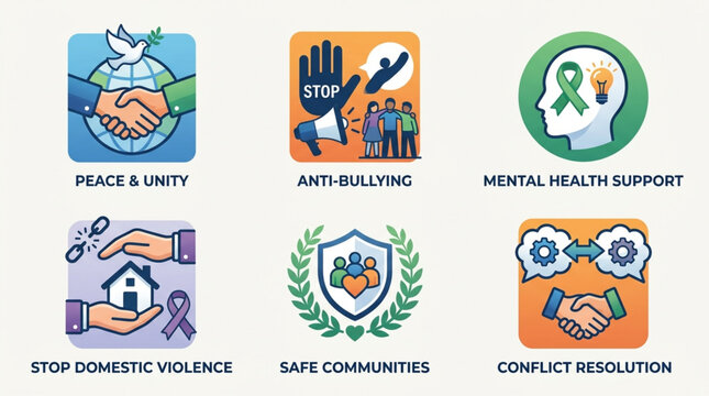 Collection of Social Issues Icons Representing Peace and Support.