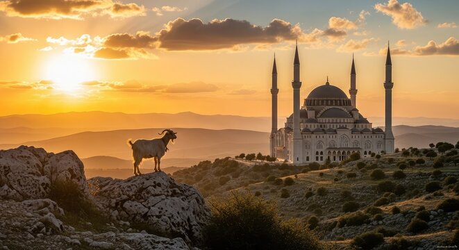 Majestic mosque at sunset with goat standing on a cliff for Eid al Adha festival background design