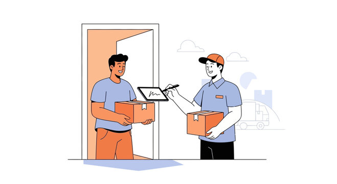 Delivery man handing package to man at door, signing tablet