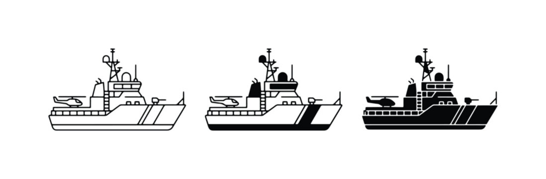 Coast Guard Ship Vector Icons, Patrol Boat Set, Maritime Security Vessels