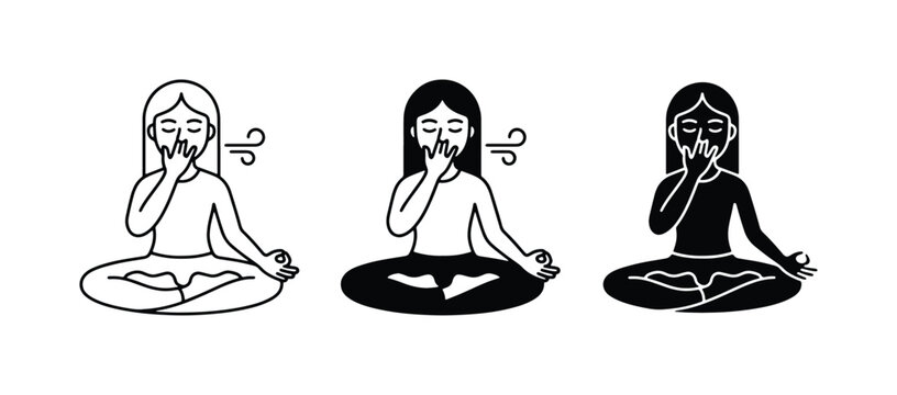 Yoga breathing exercise icons, meditation, woman practicing pranayama, mindfulness, wellness