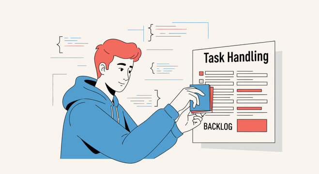 Developer managing task backlog, agile workflow, project management concept