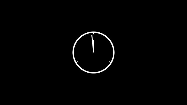 White line art clock animation, countdown or deadline concept, isolated on black, with video animation.
