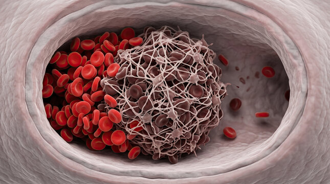 Blood clot thrombus blocking red blood cells stream artery concept. Detailed representation of blood cells and clotting process.