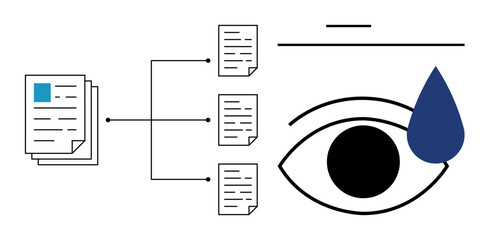 Data visualization, analytics, digital security, workflow management, information processing, and organization. Documents connected to an eye with a drop. Data visualization and analytics concept © robu_s
