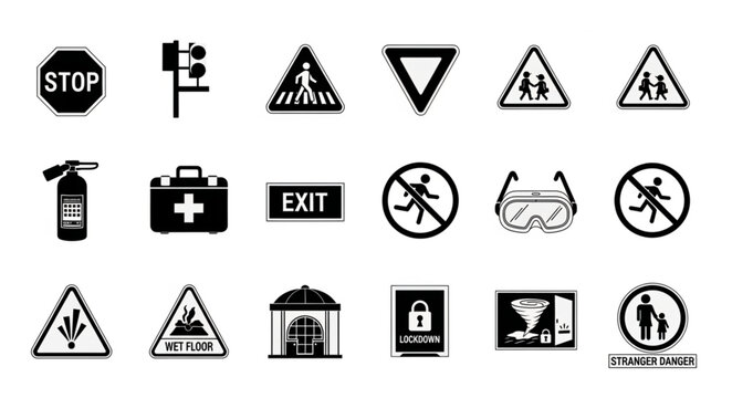 Collection of Various Safety and Warning Signs Icons.