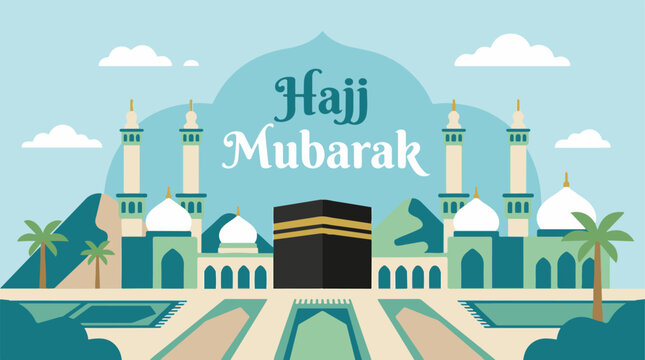 Hajj Mubarak Islamic illustration with the Kaaba, mosque domes, palm trees, and festive spiritual celebration in flat vector style.