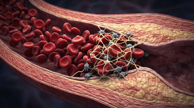 Blood clot thrombus blocking red blood cells stream artery concept. Detailed view of blood cells and clotting in a blood vessel.
