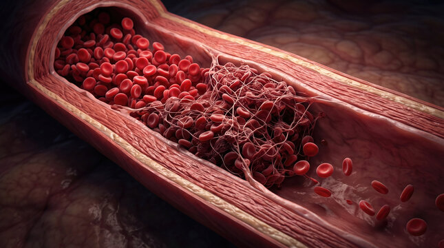 Blood clot thrombus blocking red blood cells stream artery concept. Detailed view of blood cells and clotting process in a vein.