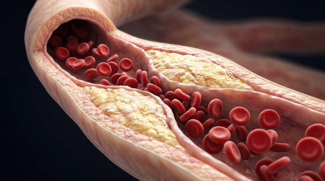 Blocked blood vessel artery poor circulation risks heart health concept. Detailed view of blood vessel with red blood cells present.