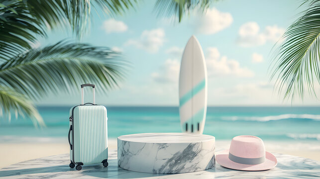 A round marble podium next to a surfboard, travel suitcase, and beach hat on a tropical beach with palm trees and an ocean horizon, a luxury summer window display concept
