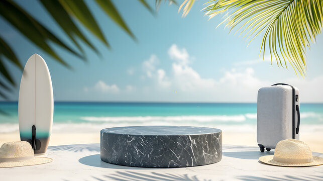 A round marble podium next to a surfboard, suitcase, and beach hat on a tropical beach with palm trees and an ocean view, a showcase of luxury summer products