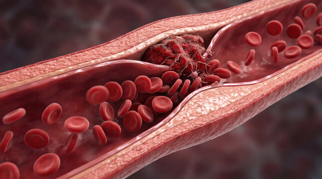 Blood clot thrombus blocking red blood cells stream artery concept. Detailed view of blood vessels and red blood cells in circulation.